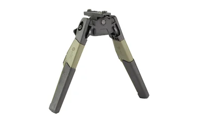 MDT Oryx Bipod olive drab and black in front view with spread legs and mounting head