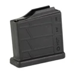 MDT AICS magazine, black polymer angled side view with molded panels and wide baseplate