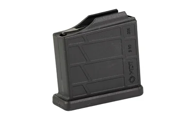 MDT AICS magazine, black polymer angled side view with molded panels and wide baseplate