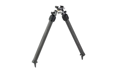 MDT BACKCOUNTRY BIPOD PIC, black front view with rail mount and splayed adjustable legs