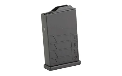 MDT AICS black polymer magazine, angled front view with textured lower panel