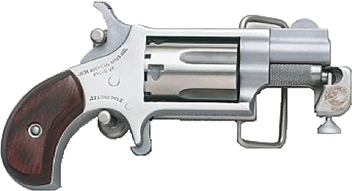 primary-2111 North American Arms NAA MINI REVOLVER, silver left-side view with wood grip and belt buckle