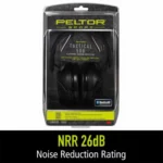 Peltor Sport Tactical 500 Electronic Ear Muffs, black folded ear muffs in retail packaging