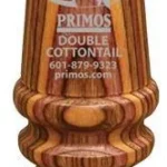 Primos Double Cottontail Predator Call, brown wood-grain call in front view with dark mouthpiece