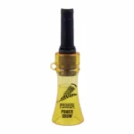 Primos Power Crow Turkey Call, yellow and amber call with long black mouthpiece in front view