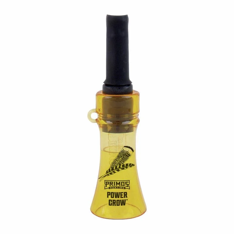 primary-21171 Primos Power Crow Turkey Call, yellow and amber call with long black mouthpiece in front view