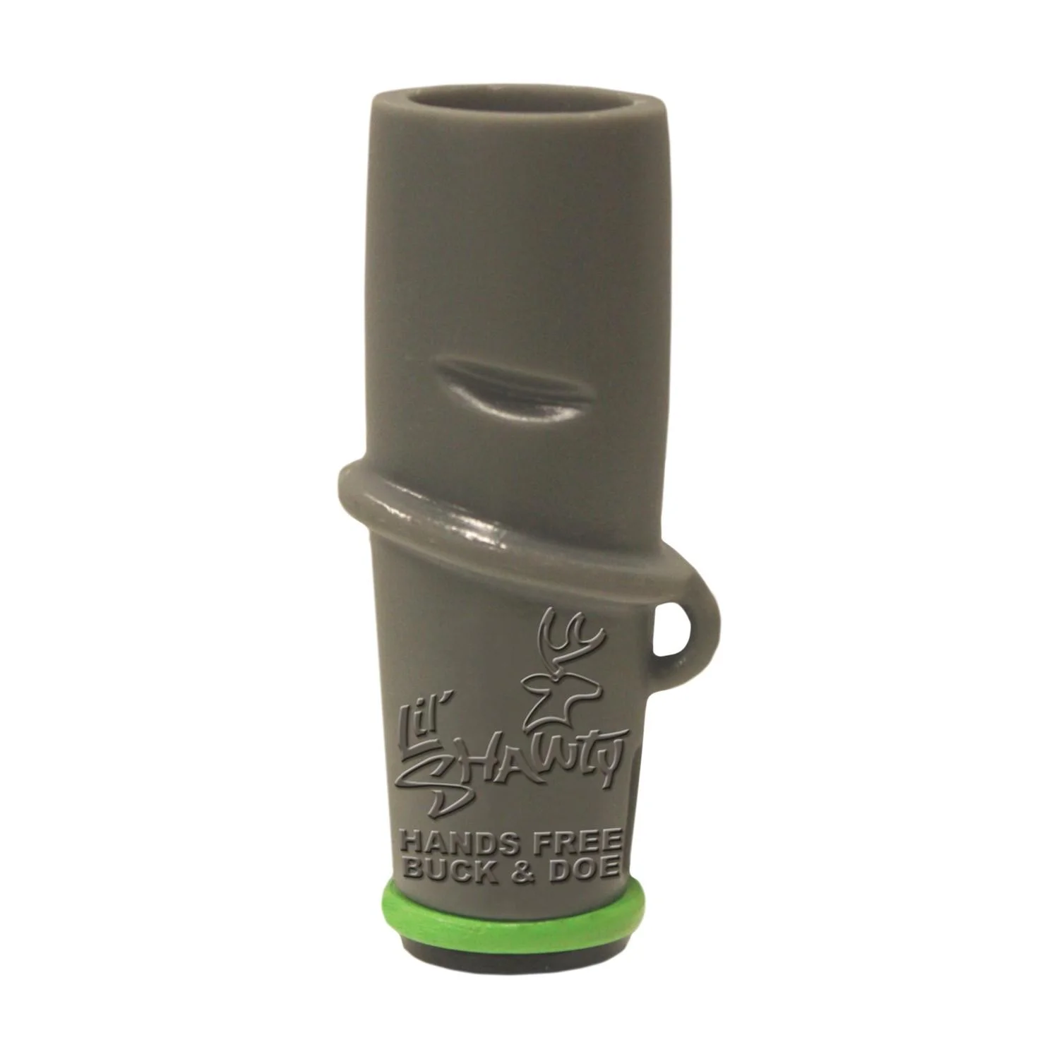 primary-21177 Primos Lil' Shawty Deer Call, olive green front view with mouthpiece and side loop