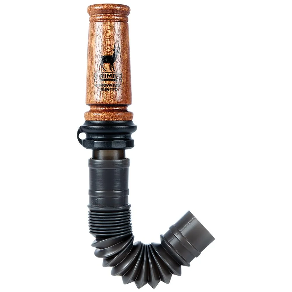 primary-21181 Primos Hardwood Grunter deer call, upright view with brown wood-pattern barrel and black tube