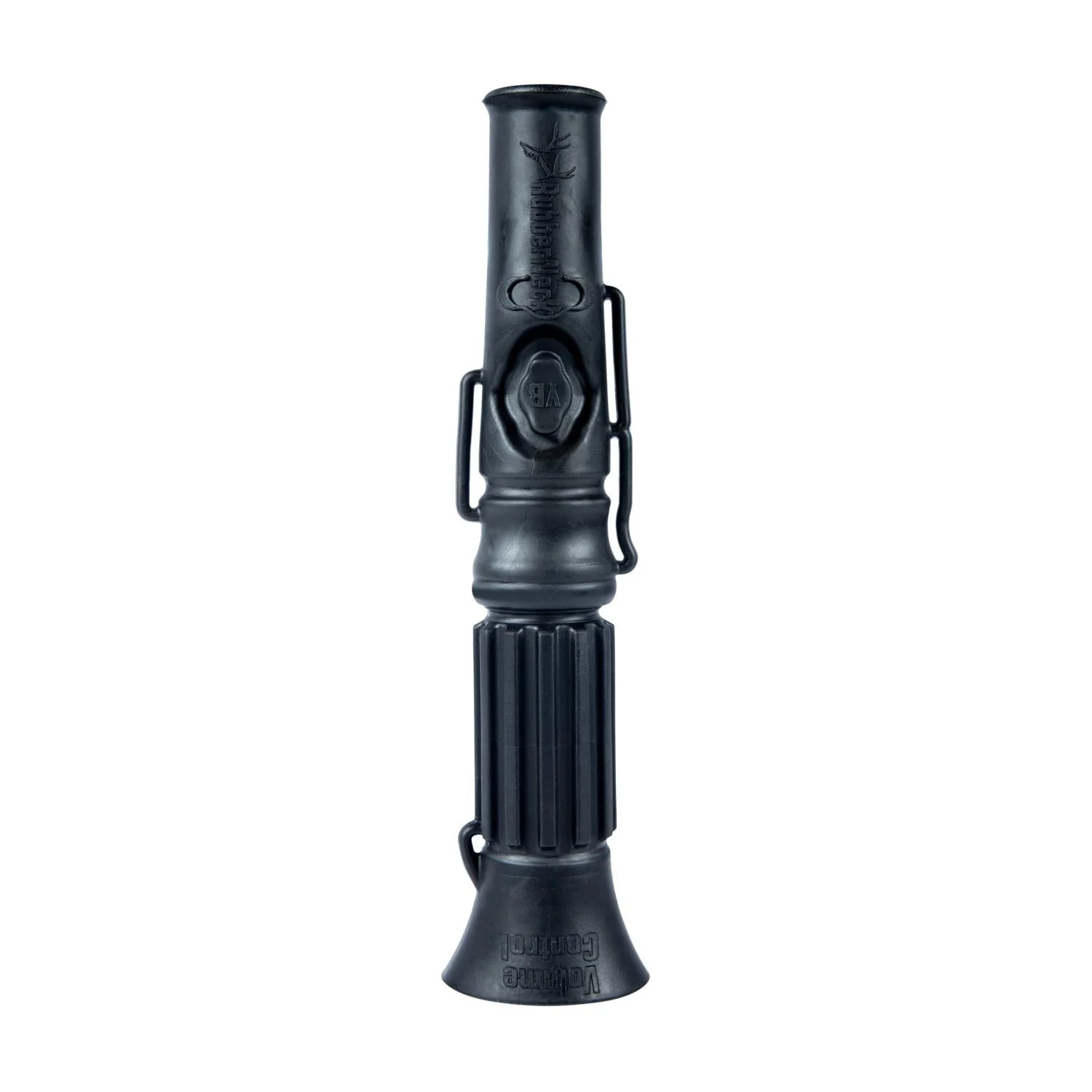 primary-21187 Primos Rubberneck Deer Call, front view of black call with ribbed body and flared end
