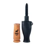 Primos Little Big ROAR Deer Call, black call and separate brown wood-look barrel upright