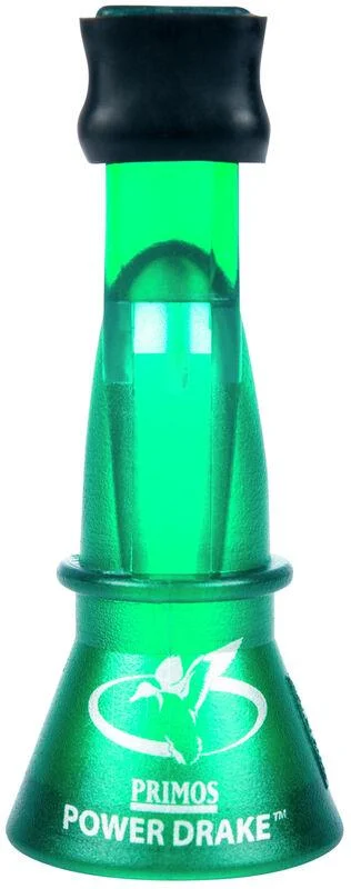 primary-21198 Primos Power Drake & Duck Whistle, green front view with black mouthpiece and flared base