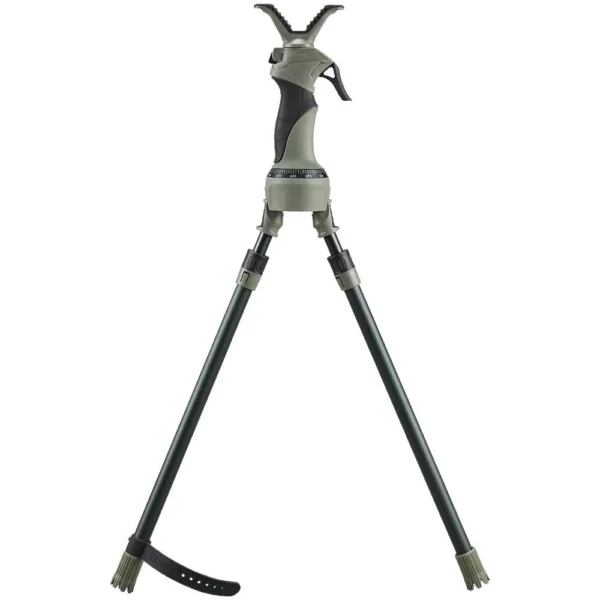 Primos Trigger Stick X Bipod Camo, front view with two dark spread legs and V-shaped rest