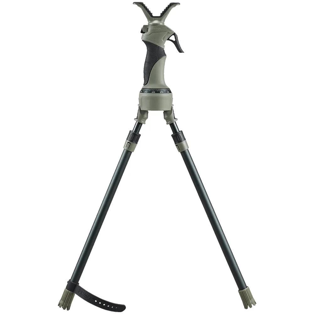 primary-21232 Primos Trigger Stick X Bipod Camo, front view with two dark spread legs and V-shaped rest