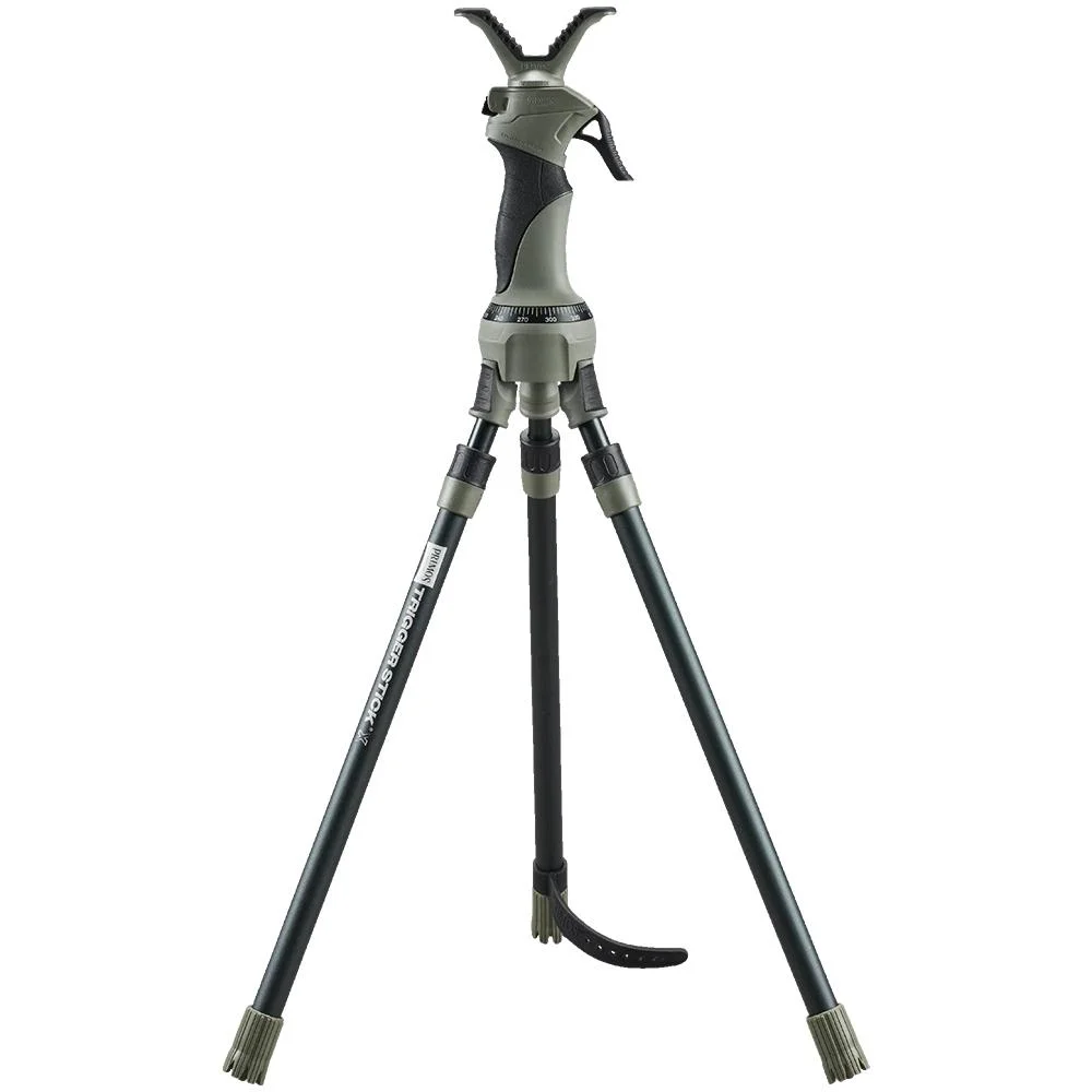 primary-21233 Primos Trigger Stick X Tripod Camo, front view with three dark spread legs and V-shaped rest
