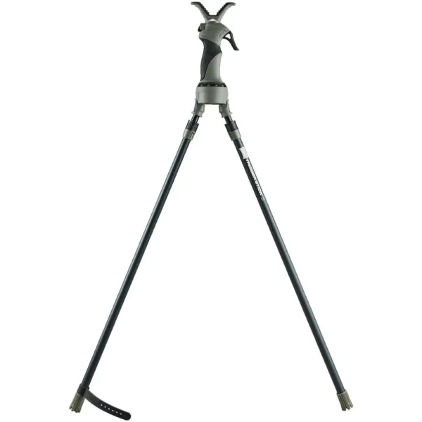 Primos Trigger Stick X Bipod Camo, front view with long dark spread legs and V-shaped rest