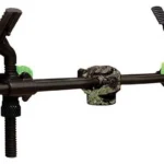 Primos Product, front view of black and camouflage shooting rest with green adjustment knobs