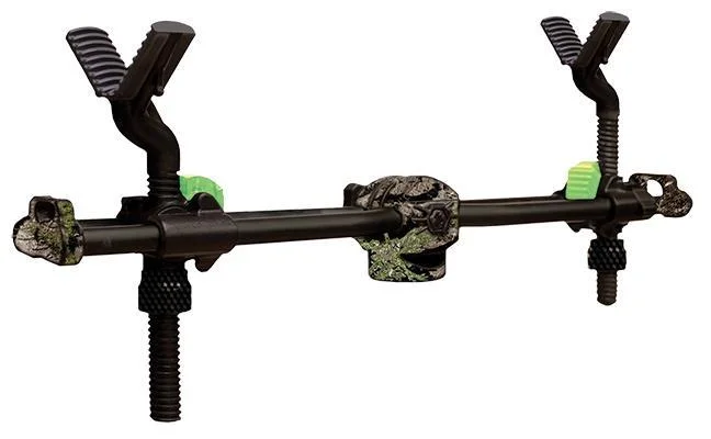 primary-21237 Primos Product, front view of black and camouflage shooting rest with green adjustment knobs