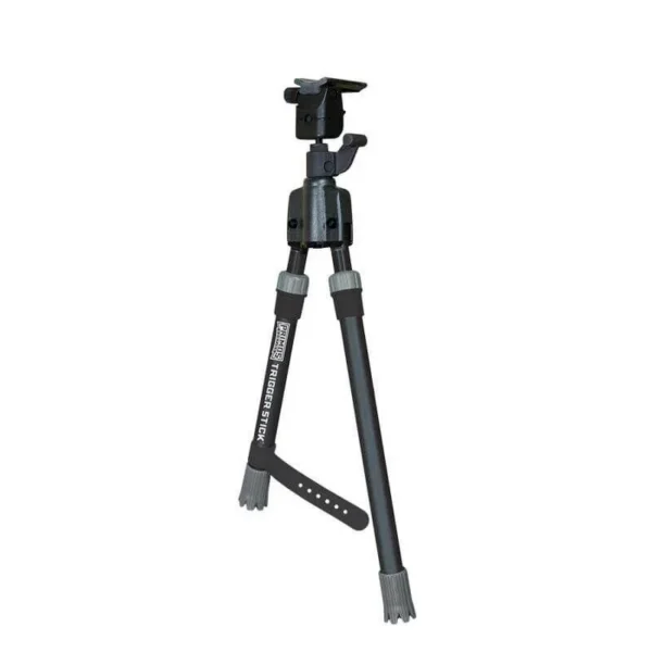 Primos Trigger Stick Gun Mounted Bipod Short, black front view with extended legs and top rest