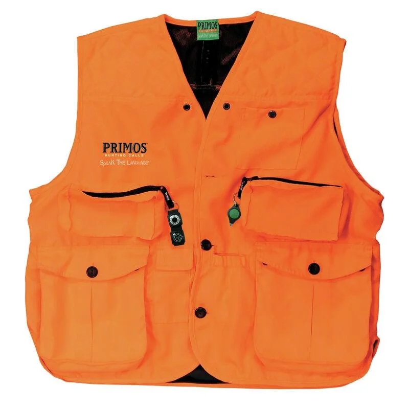 primary-21246 Primos Gunhunters Huntin Vest, front view in blaze orange with black trim and multiple pockets