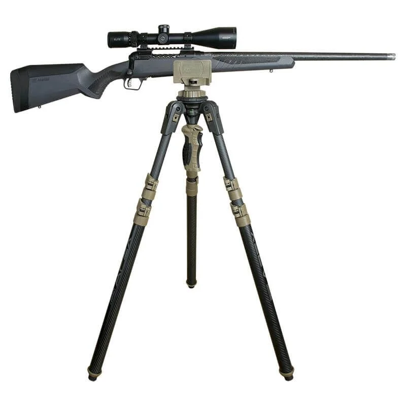 primary-21278 Primos Trigger Stick Apex Carbon Fiber tripod, front view supporting a scoped rifle