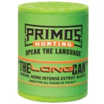 PRIMOS LONG CAN DEER CALL bright green cylindrical call with black and orange label, front view