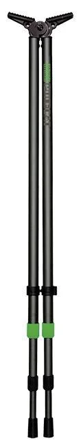 primary-21290 Primos Polecat Tall Bipod, collapsed front view with black legs, green bands and V-shaped rest