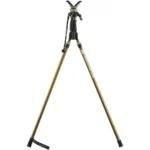 Primos Trigger Stick Vantage Bipod, front view with olive legs spread and V-shaped rest