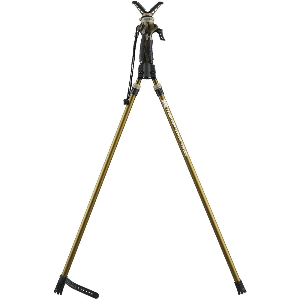 primary-21295 Primos Trigger Stick Vantage Bipod, front view with olive legs spread and V-shaped rest