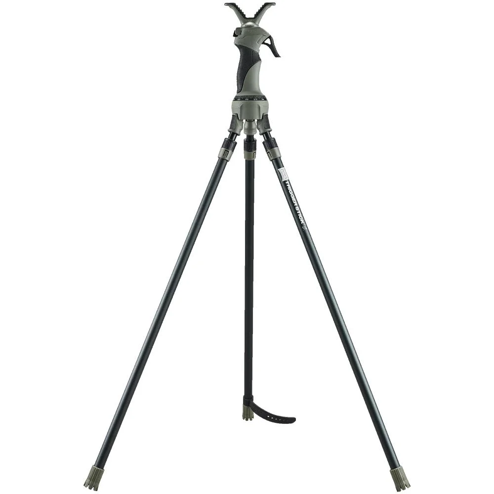 primary-21297 Primos Trigger Stick X Tripod Camo, front view with three long dark legs and V-shaped rest