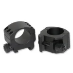 BURRIS XTR TACT LOW rings, matte black, shown from angled side and front views with clamp screws