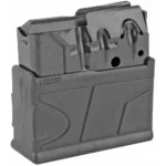 Savage Arms MAG SAV 110 SA, black metal magazine in front angled view with release opening