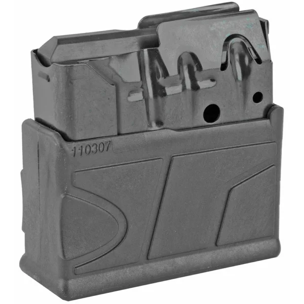 Savage Arms MAG SAV 110 SA, black metal magazine in front angled view with release opening