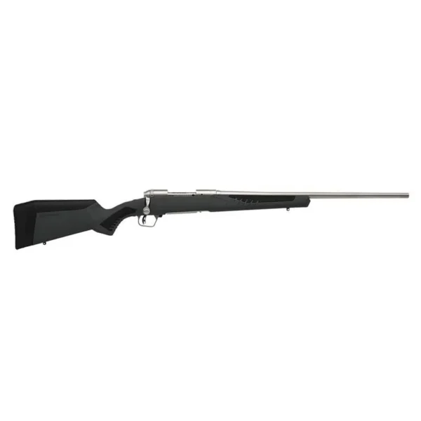 Savage Arms 110 Storm, right-side view with black stock, silver barrel and bolt action