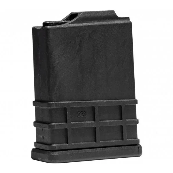 Savage Arms AICS black rifle magazine, front angled view with textured lower section
