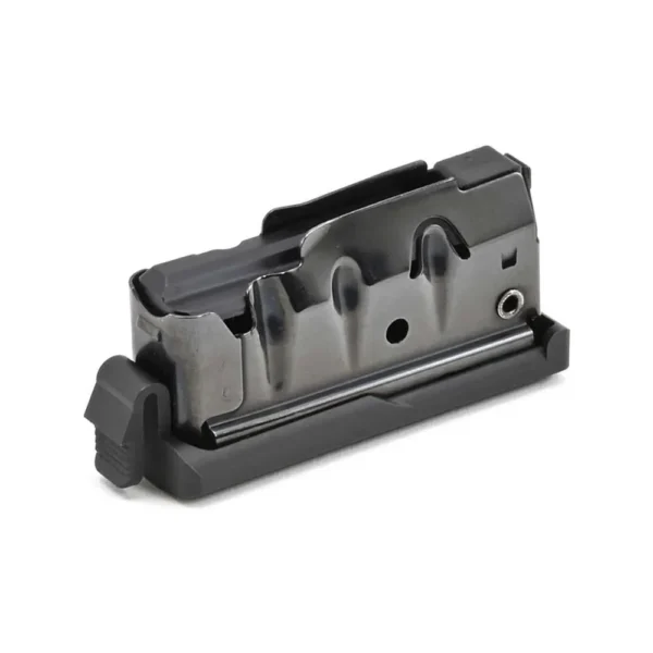 Savage Arms Axis/Axis II rifle magazine, black angled side view with metal body and base