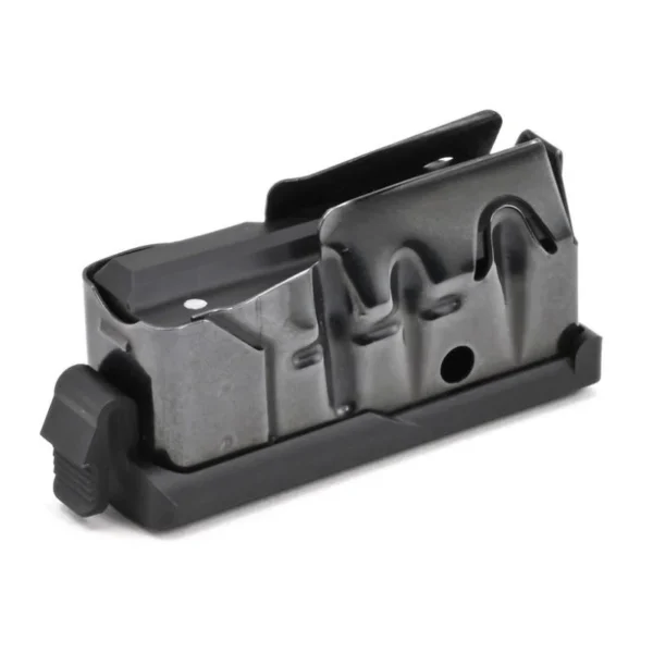 Savage Arms MAG SAV AXIS 350LEG, angled view of black metal magazine with polymer base