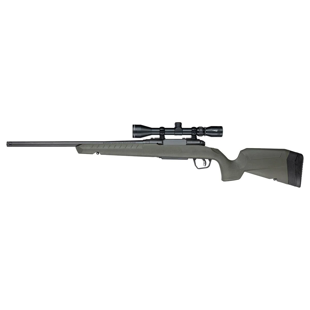 primary-21434 Savage AXIS 2 XP Green Rifle right-side view with green stock, black barrel and mounted scope