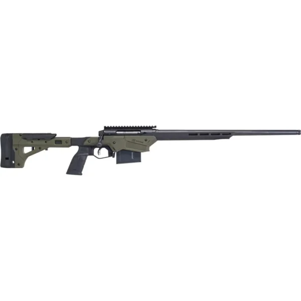 Savage Arms Axis II Precision OD green rifle, right-side view with adjustable stock and rail