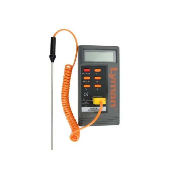 Lyman Digital Lead Thermometer with black handheld display, orange coiled cable and metal probe
