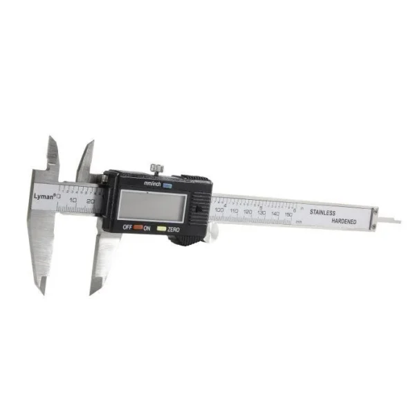 Lyman Electronic Stainless Steel Caliper, front view with open jaws and digital display