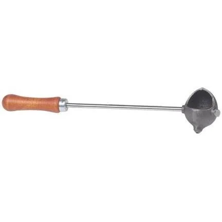 Lyman Lead Dipper, side view with wooden handle, long metal shaft and grey cup