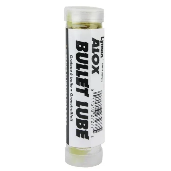 Lyman Alox Bullet Lubricant, upright clear tube with white label and pale yellow lubricant