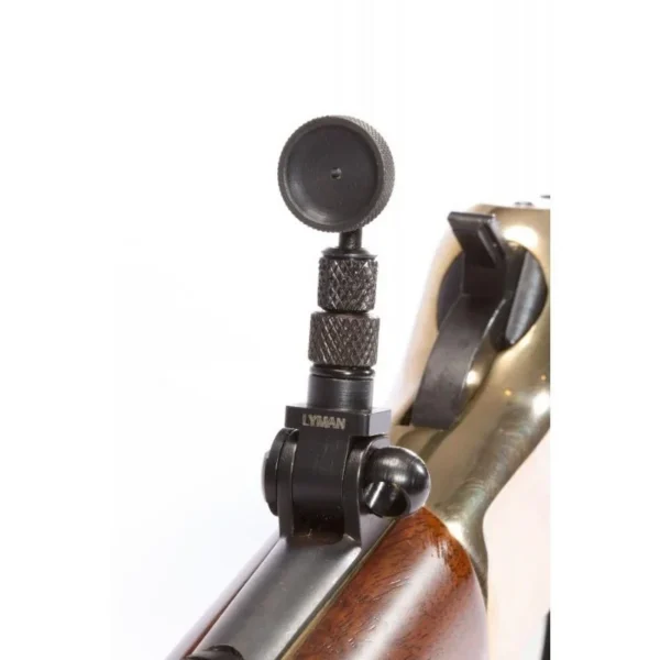 Lyman Henry No. 2 Tang Sight mounted on a rifle, rear angled view with round aperture
