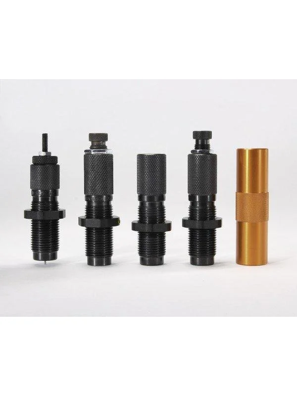 primary-21487 Lyman MSR Precision Die System 4-Die Set 9mm Luger, four black dies and gold cylinder in a row
