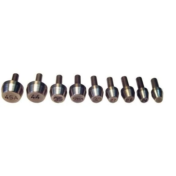 Lyman Nine Pilot Multi-Pack, nine metal pilots arranged in a row with marked ends