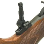 Lyman Tang Sight #2, black sight mounted on a checkered wood-stock rifle, side view