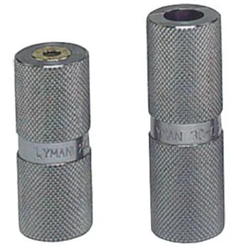 primary-21497 Lyman Rifle Case Length Headspace Gauge, two silver knurled cylindrical gauges upright