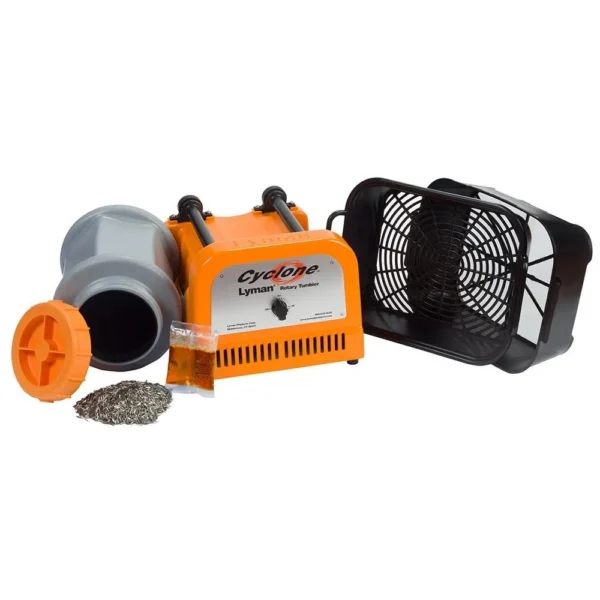 Lyman Cyclone Rotary Case Tumbler 115V, orange tumbler with gray drum, basket and media