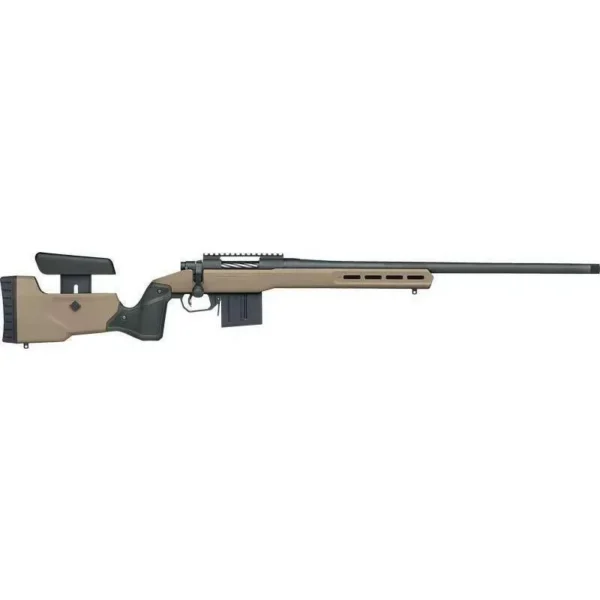 Mossberg Patriot LR Rifle, right-side view with FDE chassis, black stock, magazine and long barrel