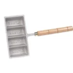 Lyman Ingot Mould, angled view of gray four-cavity mould with wooden handle
